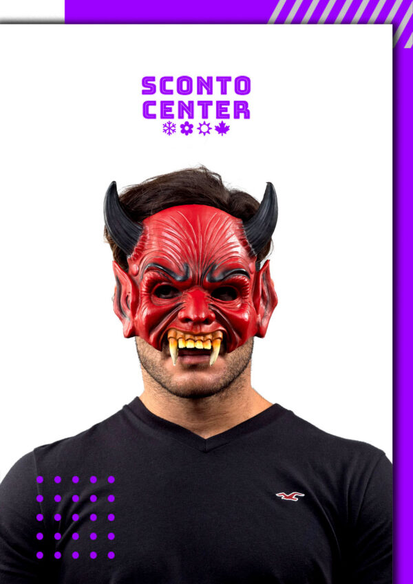 Αποκριάτικη Μάσκα Red Devil – Κόκκινος Δαίμονας με Μαύρα Κέρατα Δόντια
