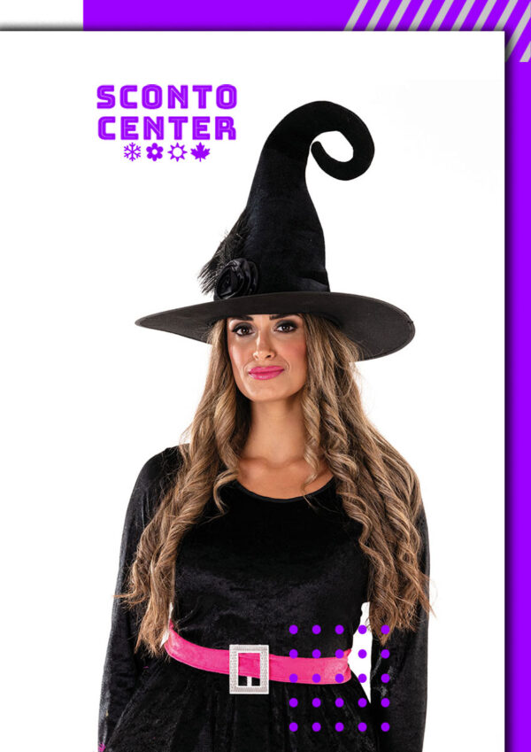 Αποκριάτικο Καπέλο Elegant Witch – Μαύρο Βελούδινο με Κυρτή Κορυφή, Λουλούδι Φτερά