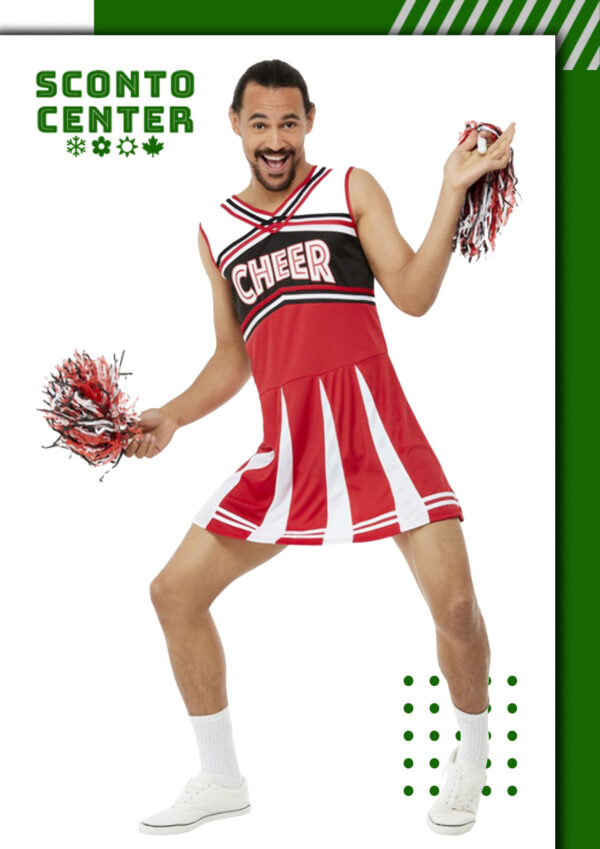 Αποκριάτικο σετ Cheerleader Ανδρική – Κόκκινο–Λευκό στολή “CHEER” Φόρεμα με Πομ Πομ (Funny Costume)