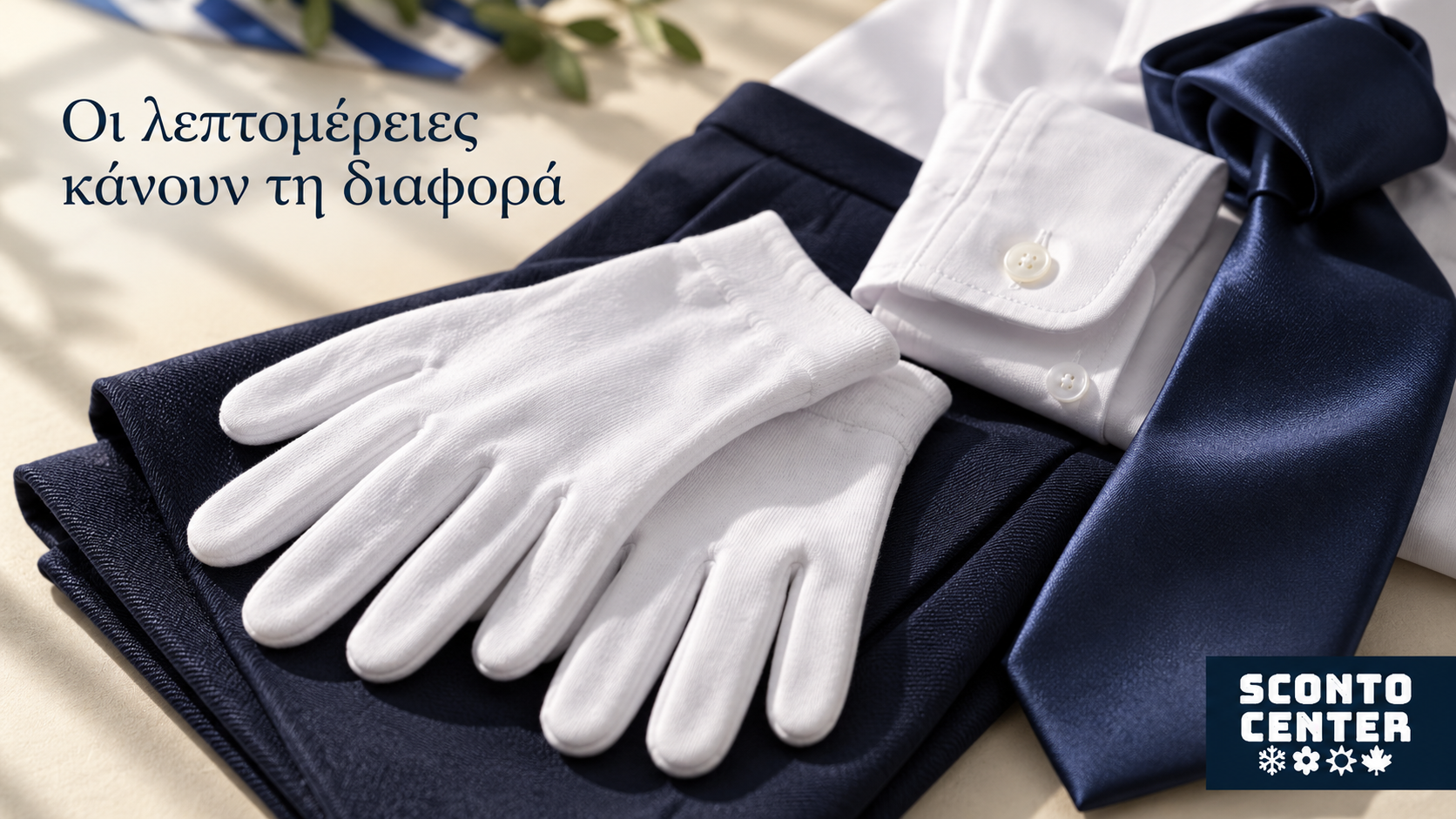 Λευκά γάντια, πουκάμισο και μπλε γραβάτα για ρούχα παρέλασης της 28ης Οκτωβρίου με λογότυπο Sconto Center