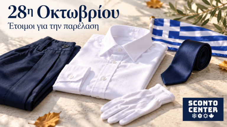 Ρούχα παρέλασης για την 28η Οκτωβρίου, λευκό πουκάμισο, μπλε γραβάτα και γάντια με λογότυπο Sconto Center