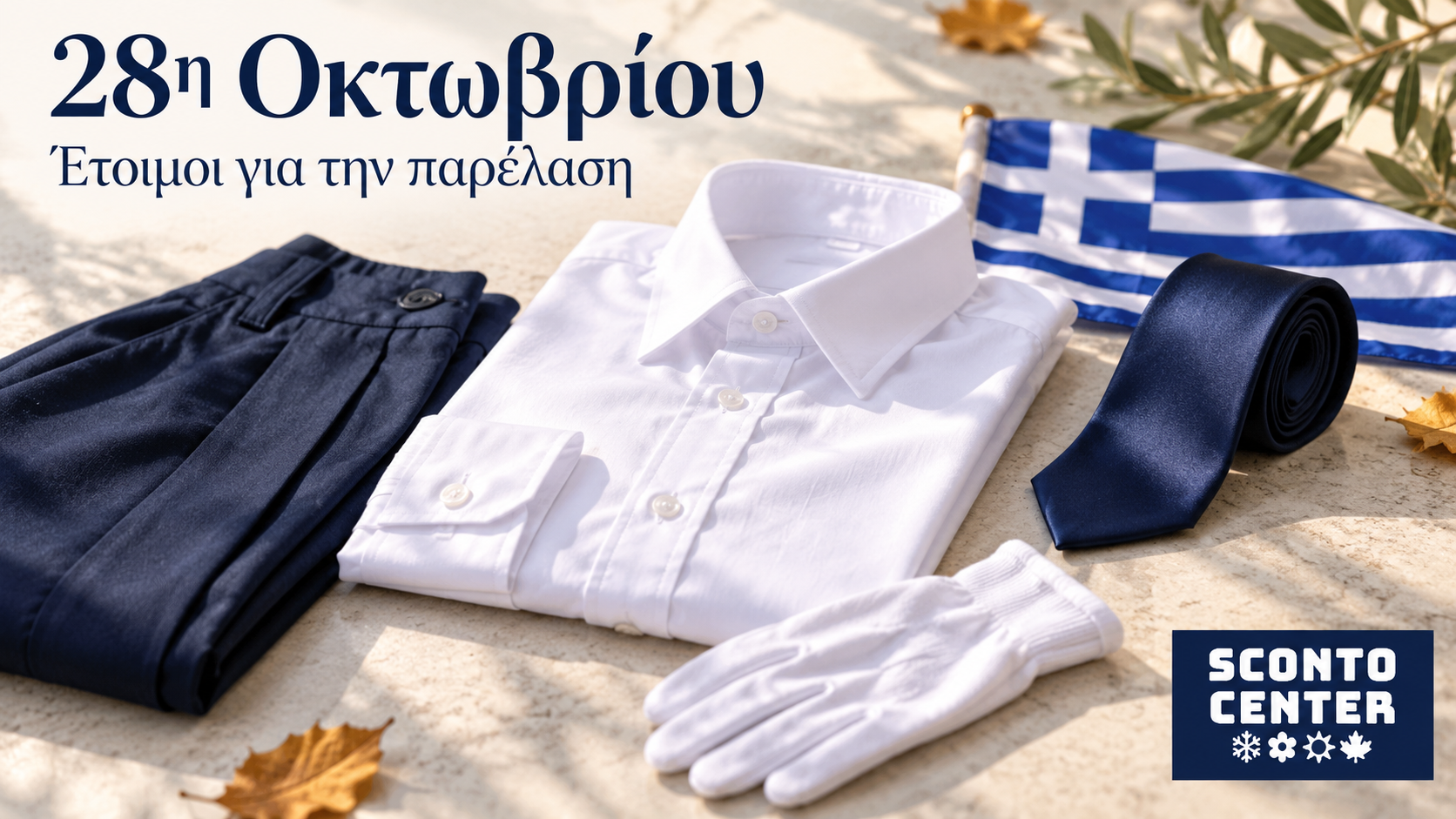 Ρούχα παρέλασης για την 28η Οκτωβρίου, λευκό πουκάμισο, μπλε γραβάτα και γάντια με λογότυπο Sconto Center