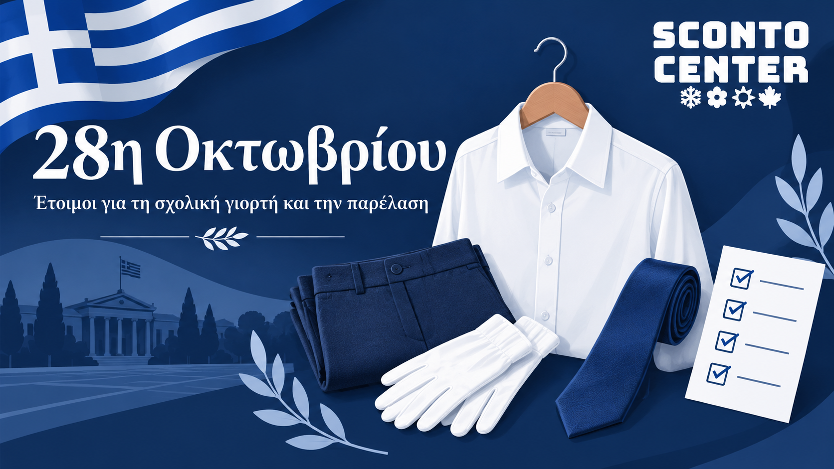 28η Οκτωβρίου: εικονογράφηση με πουκάμισο, παντελόνι, γραβάτα, γάντια και λίστα προετοιμασίας, με λογότυπο Sconto Center